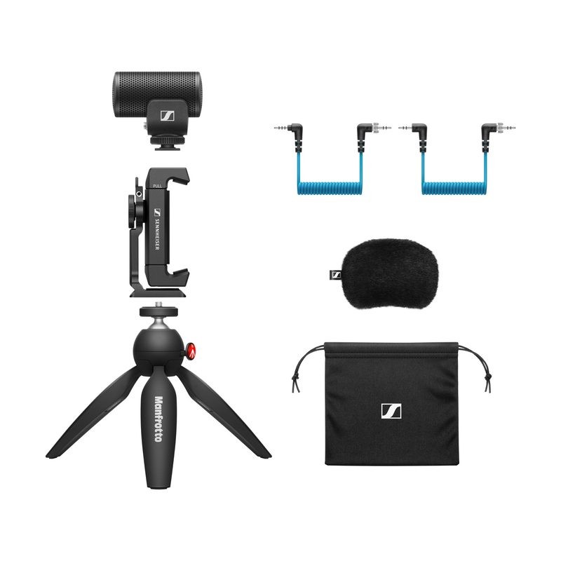 Micrófono, pinza para smartphone, trípode y accesorios del Sennheiser MKE 200 Mobile Kit