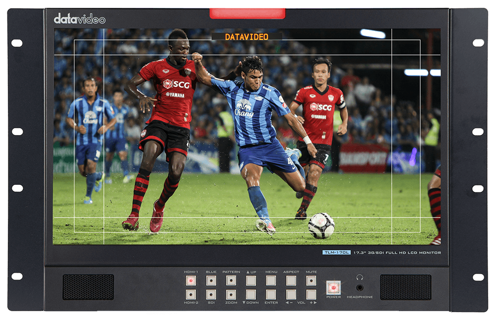 Monitor Datavideo TLM-170LR Full HD de 17,3 pulgadas en chasis rack 7RU, vista frontal