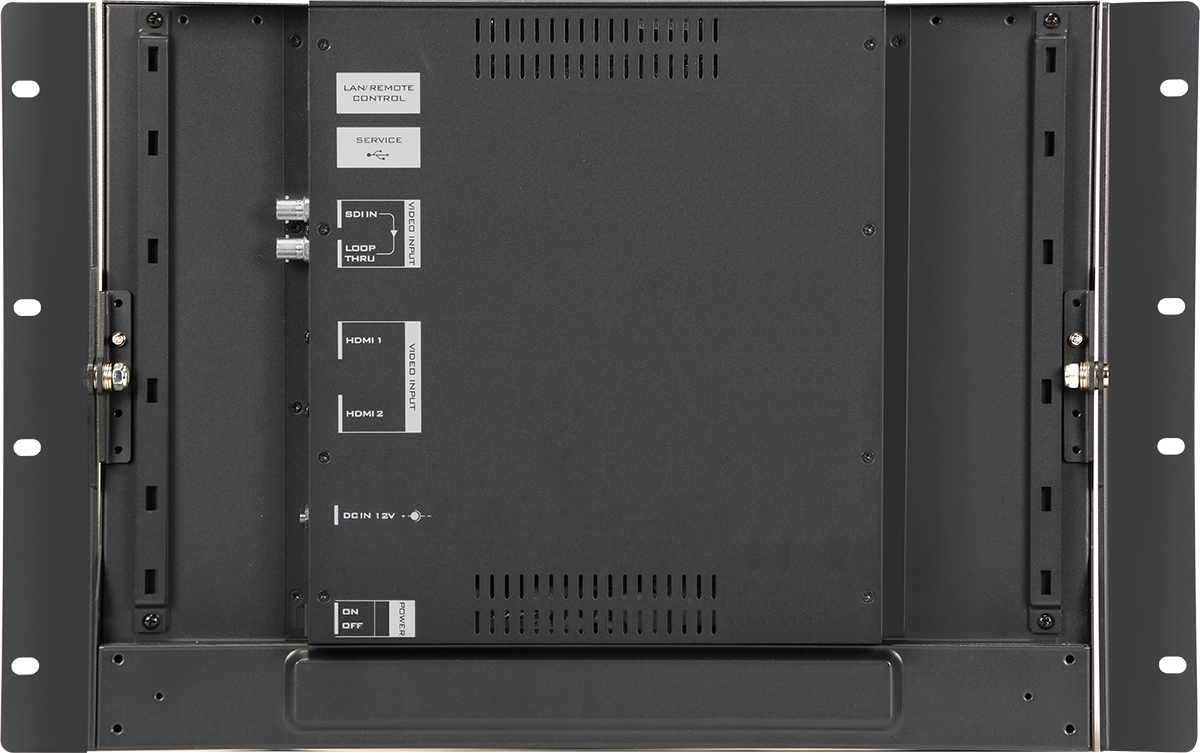 Panel trasero del Datavideo TLM-170LR con entrada y salida en bucle SDI, dos entradas HDMI y alimentación de 12 V CC