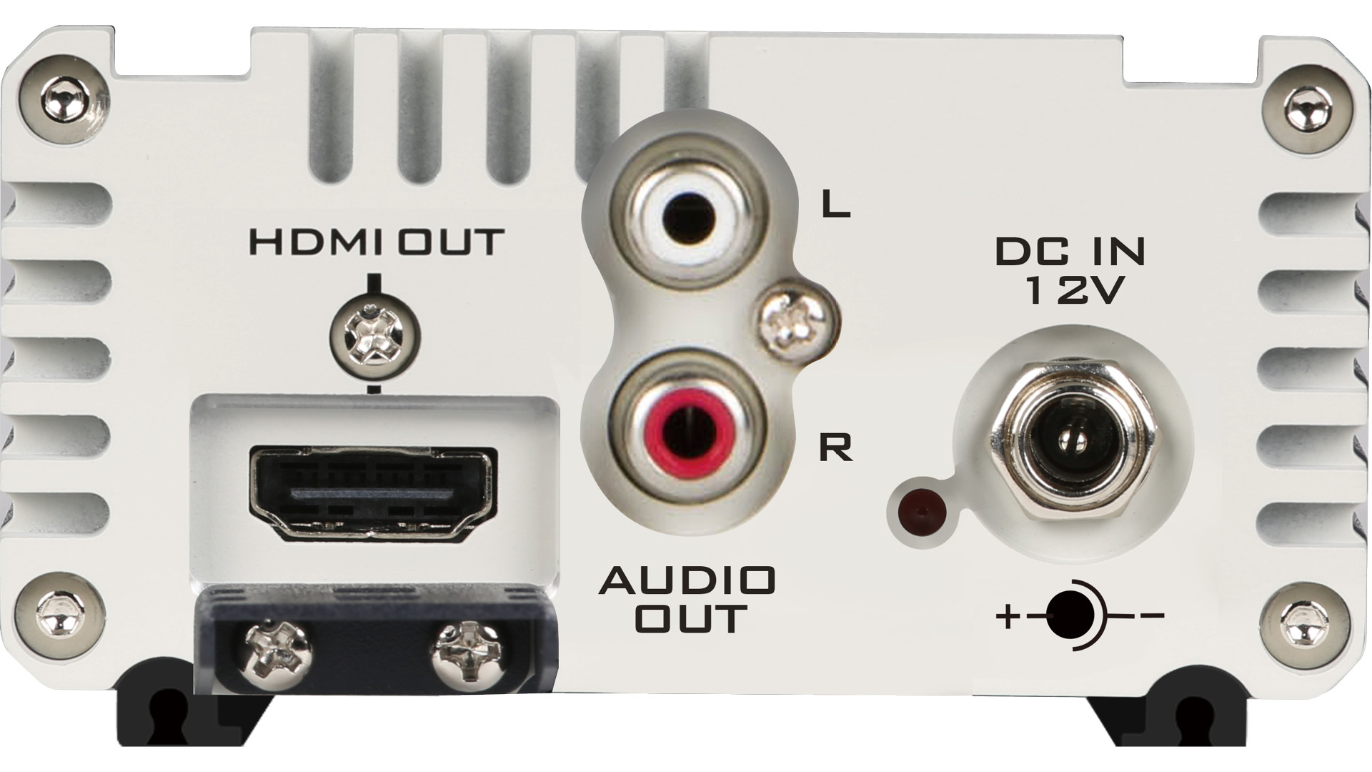 Conectores HDMI, audio RCA estéreo y alimentación de 12 V