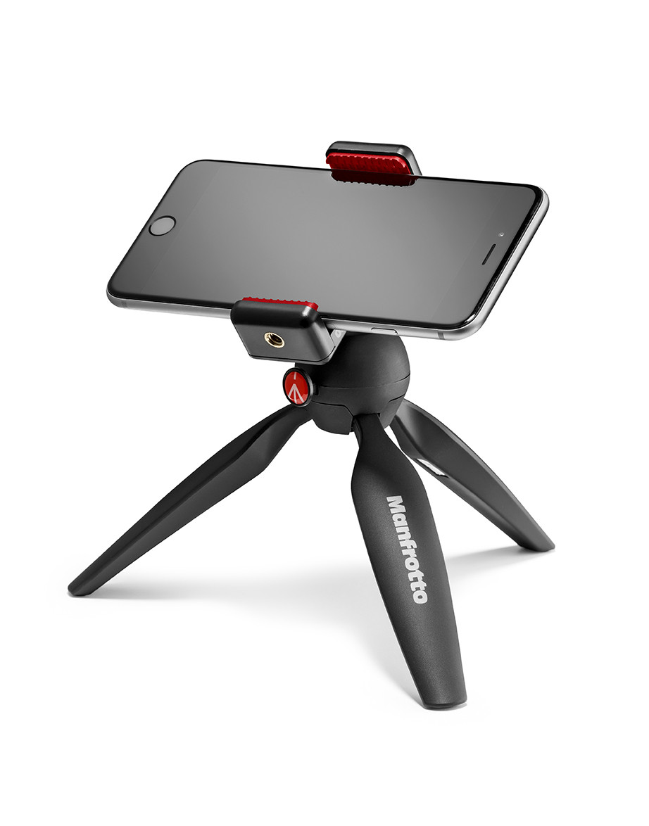 Manfrotto MCLAMP con teléfono sobre un minitrípode PIXI