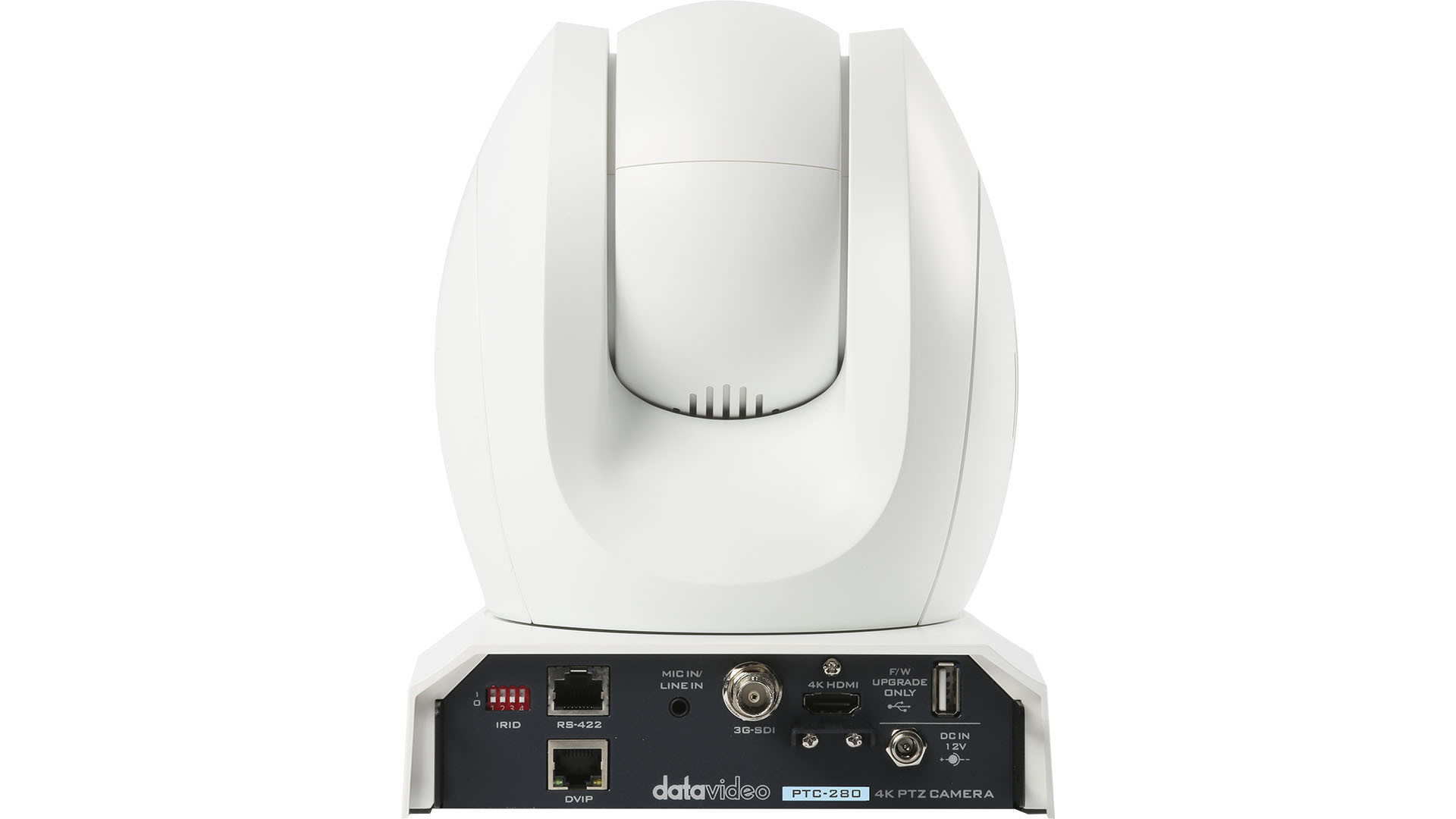 Panel trasero de la Datavideo PTC-280W con conexiones 3G-SDI, HDMI, DVIP, RS-422 y alimentación