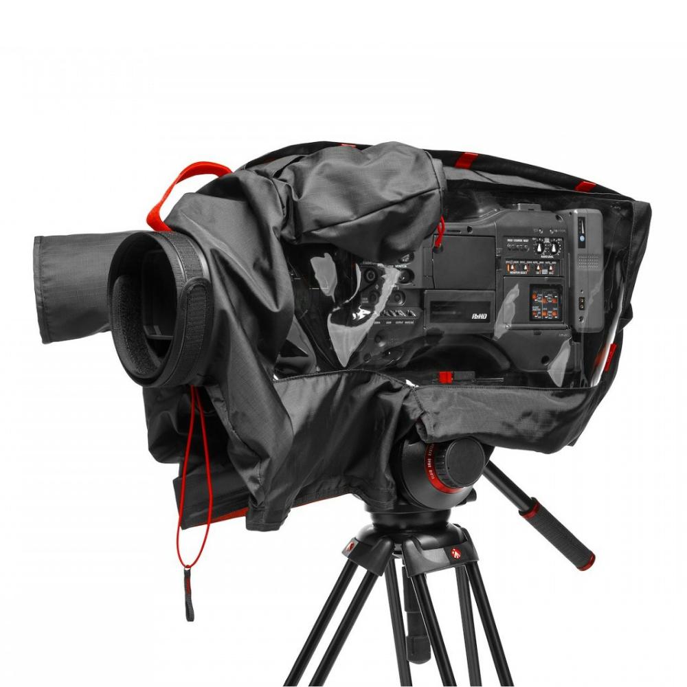 Funda de lluvia Manfrotto Pro Light RC-1 sobre una videocámara grande