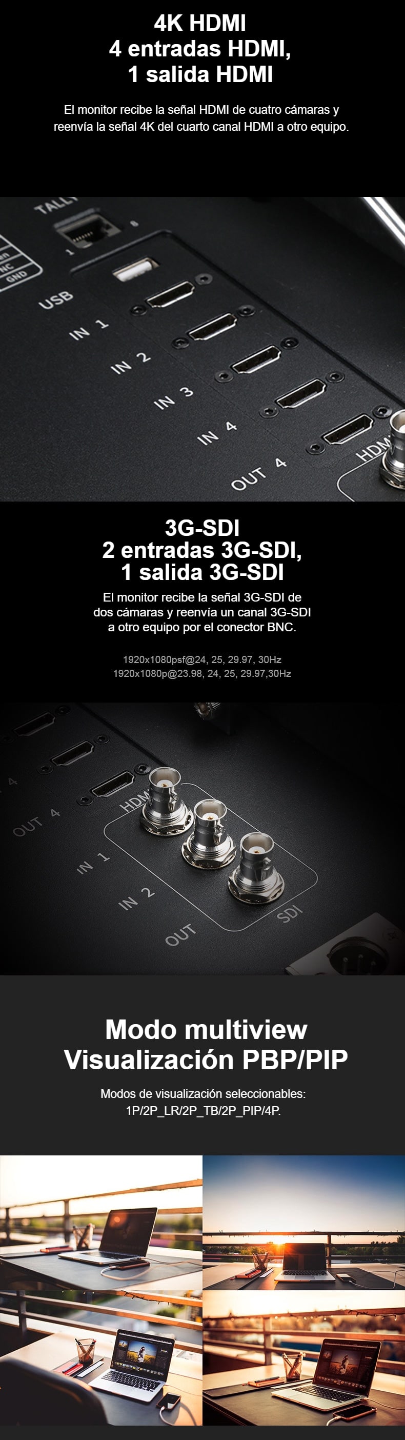 Cuatro HDMI, dos 3G-SDI y multiview