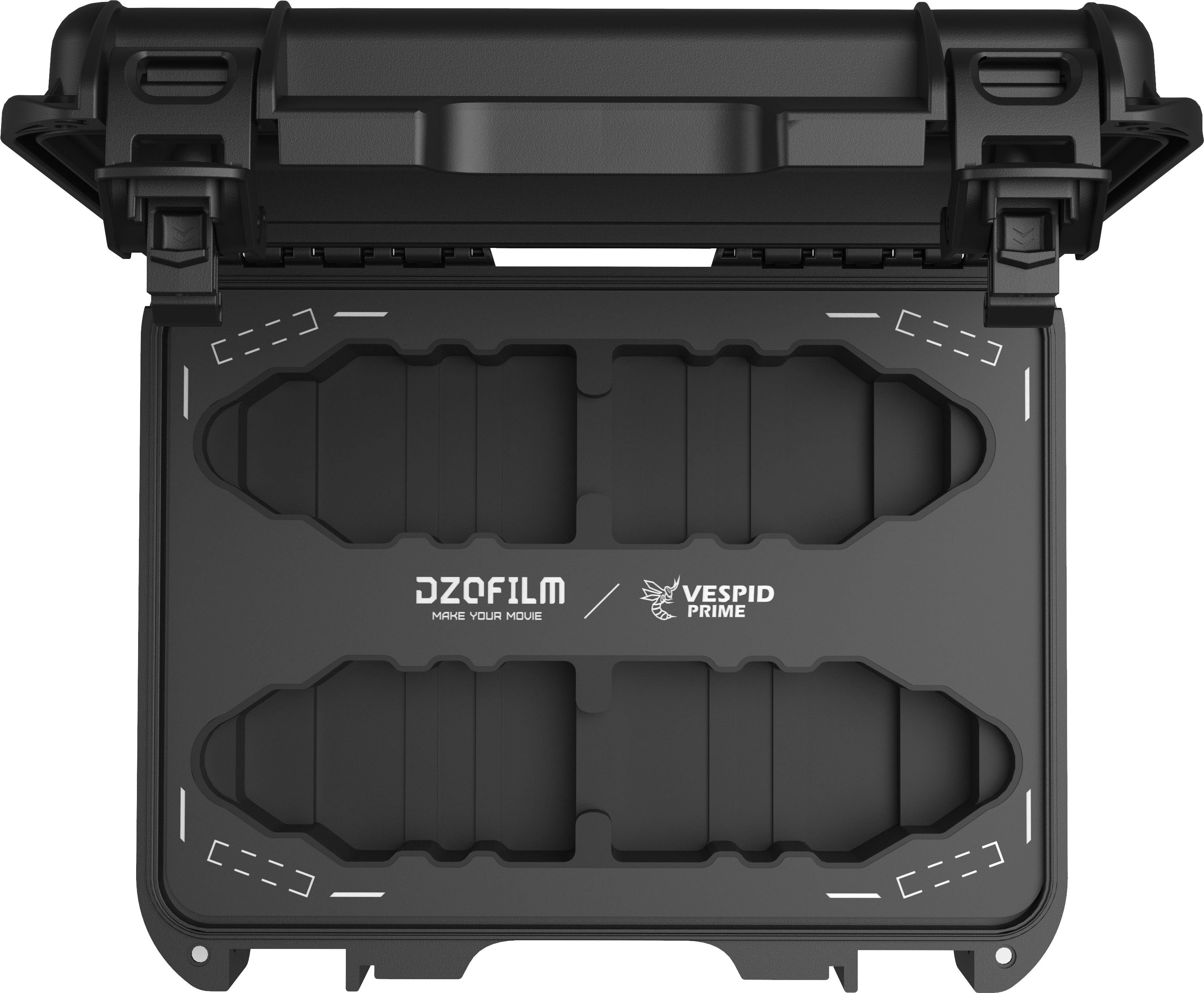 Maletín DZOFILM Vespid Hard Case abierto para cuatro objetivos