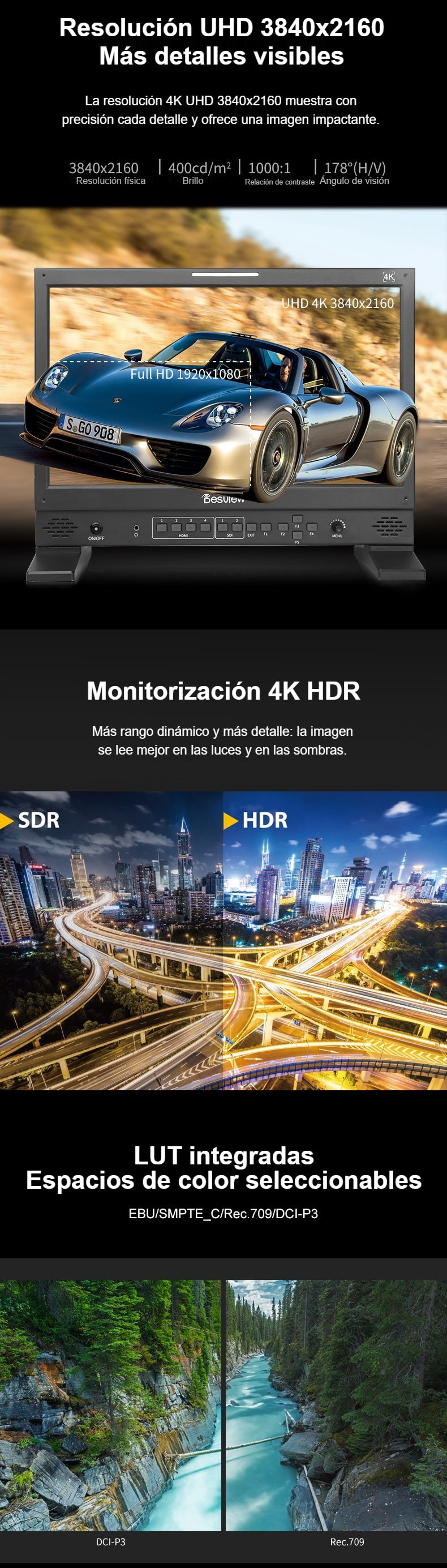 Resolución 4K UHD, HDR y LUT integradas