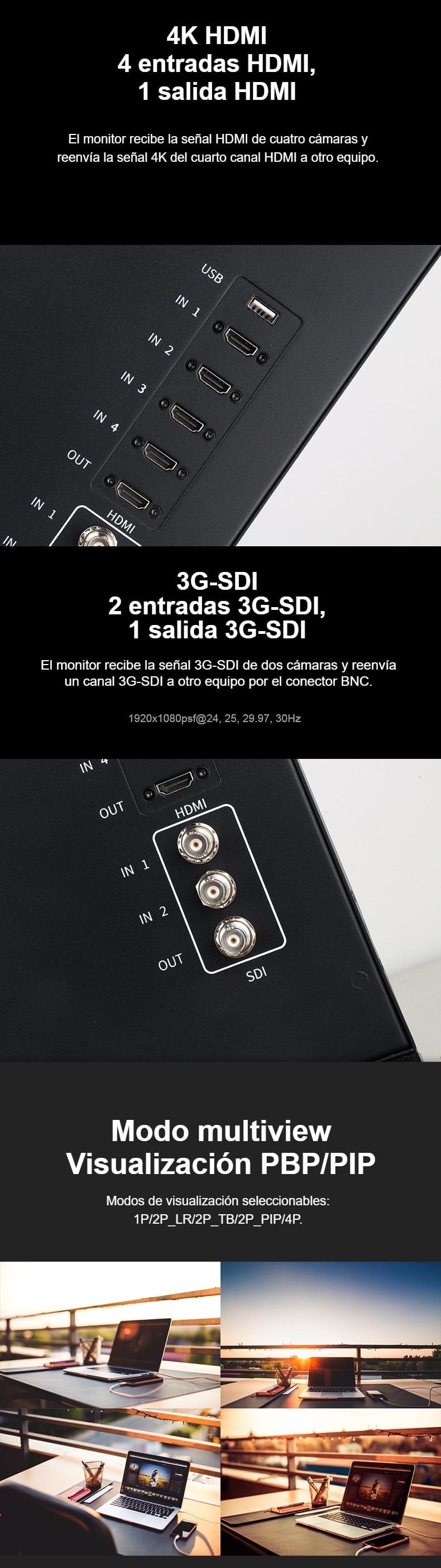 Cuatro HDMI, dos 3G-SDI y multiview