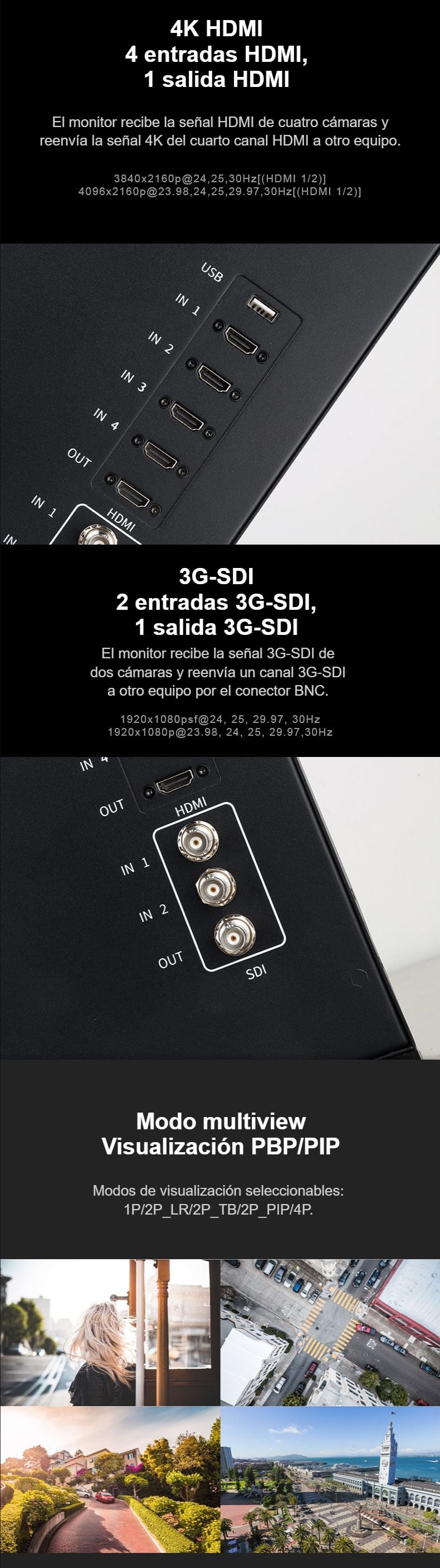Cuatro HDMI, dos 3G-SDI y multiview