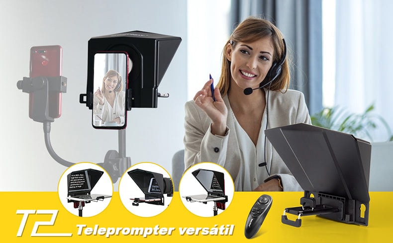 Teleprompter versátil para móvil, tableta y cámara réflex