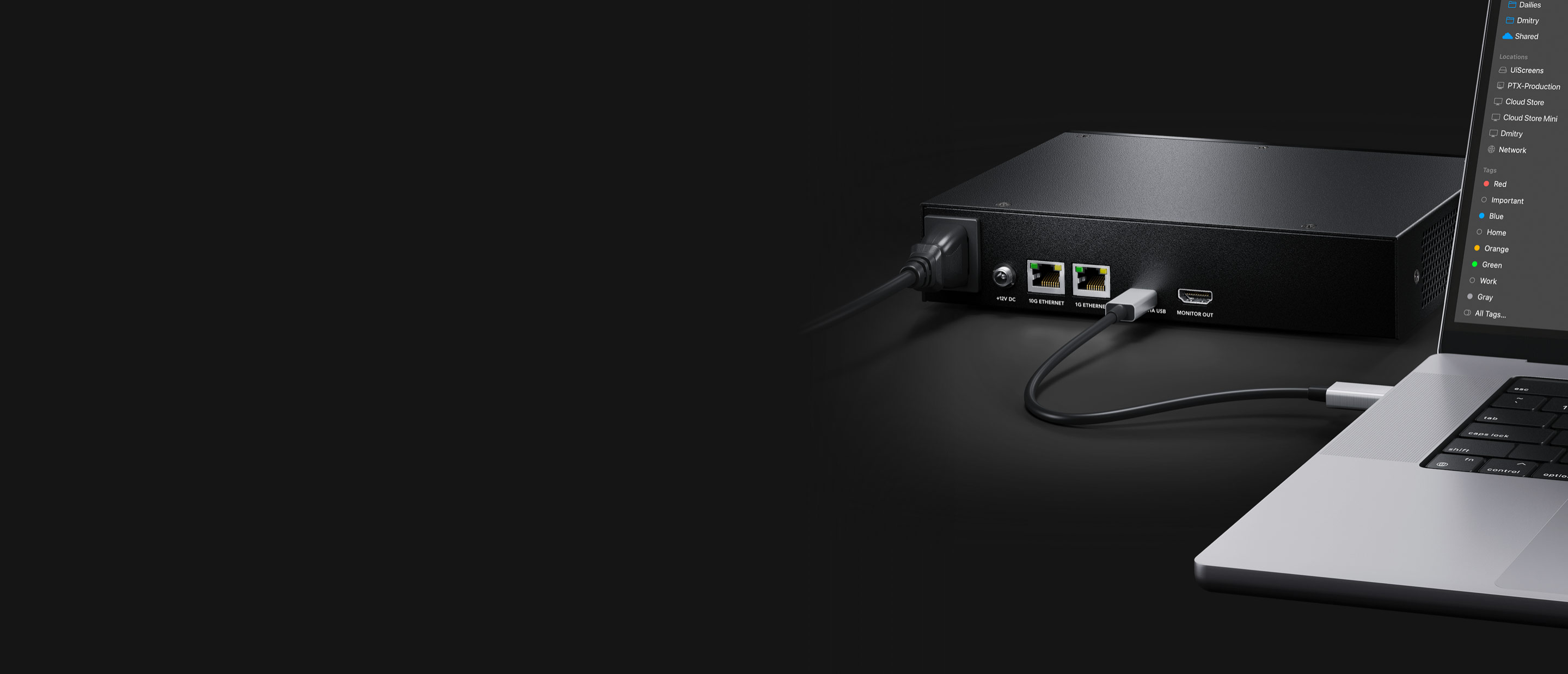 Panel trasero Blackmagic Cloud Store Mini 16TB con Ethernet 10G, USB-C y HDMI