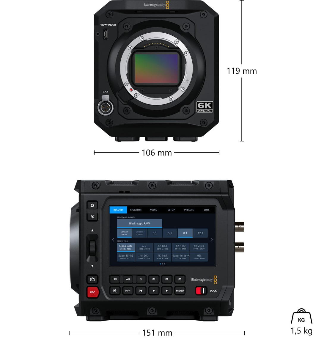 Blackmagic PYXIS 6K (L-Mount) – Dimensiones y peso