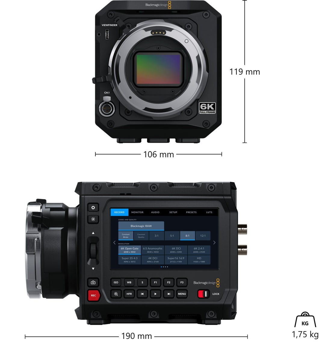 Blackmagic PYXIS 6K PL – Dimensiones y peso