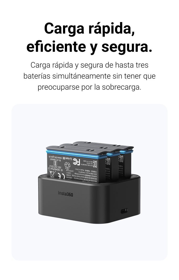 Imagen oficial del Insta360 X3 Fast Charge Hub con tres baterías insertadas