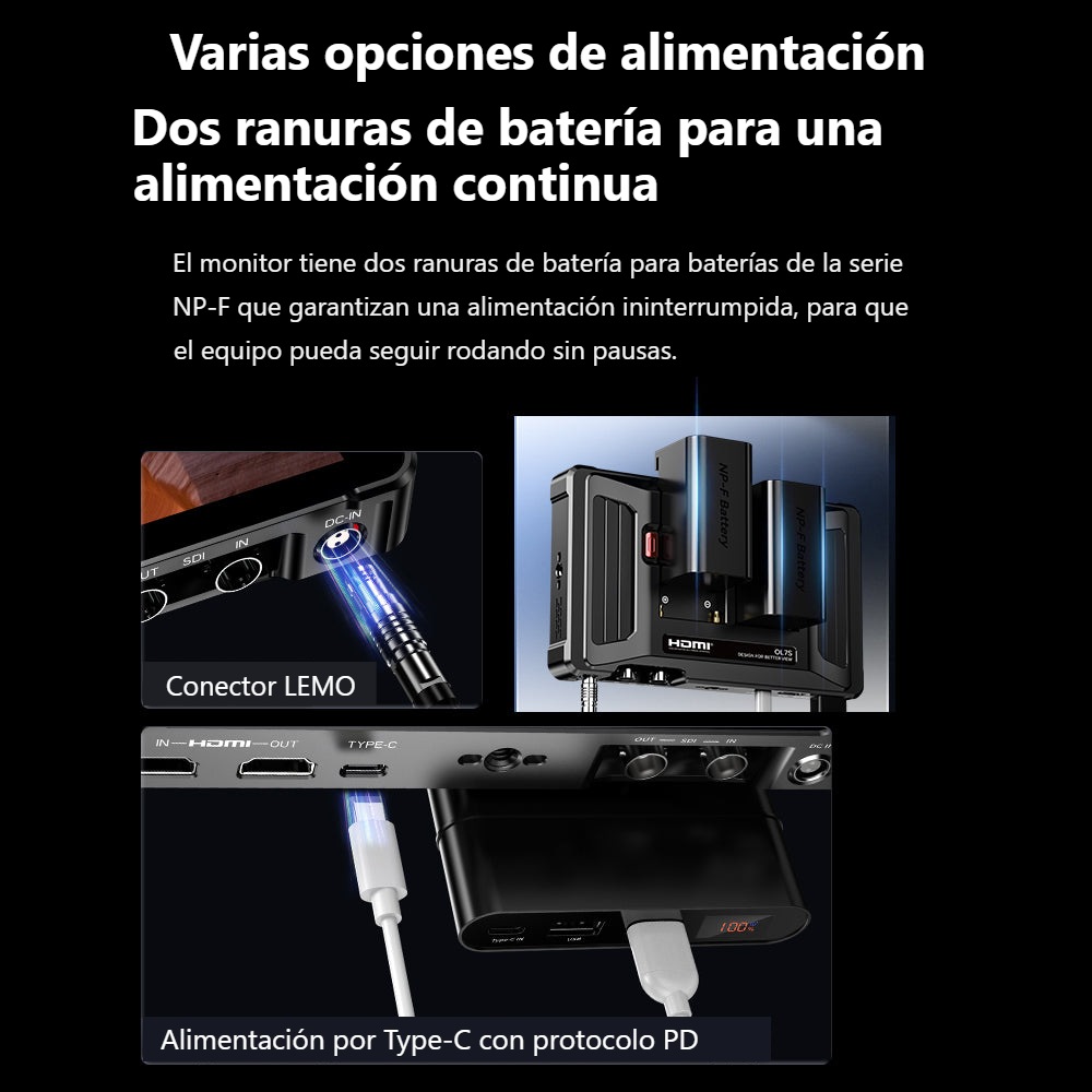 Desview OL7S – Alimentación por NP-F, LEMO o USB-C