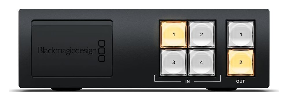 Blackmagic Videohub Mini 4x2 12G – Panel frontal para actuar rápido