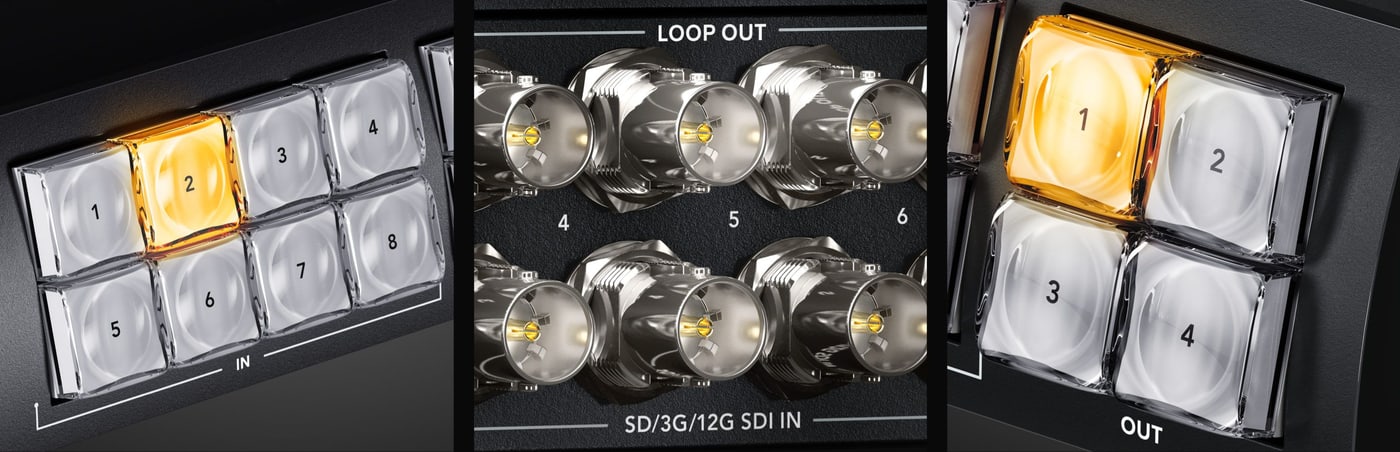 Blackmagic Videohub Mini 8x4 12G – Panel frontal para actuar rápido