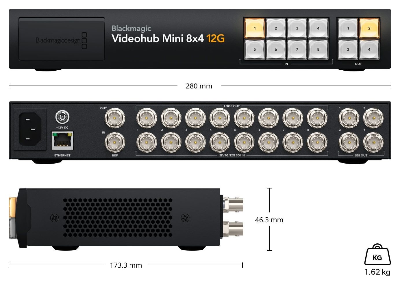 Blackmagic Videohub Mini 8x4 12G – Dimensiones y peso