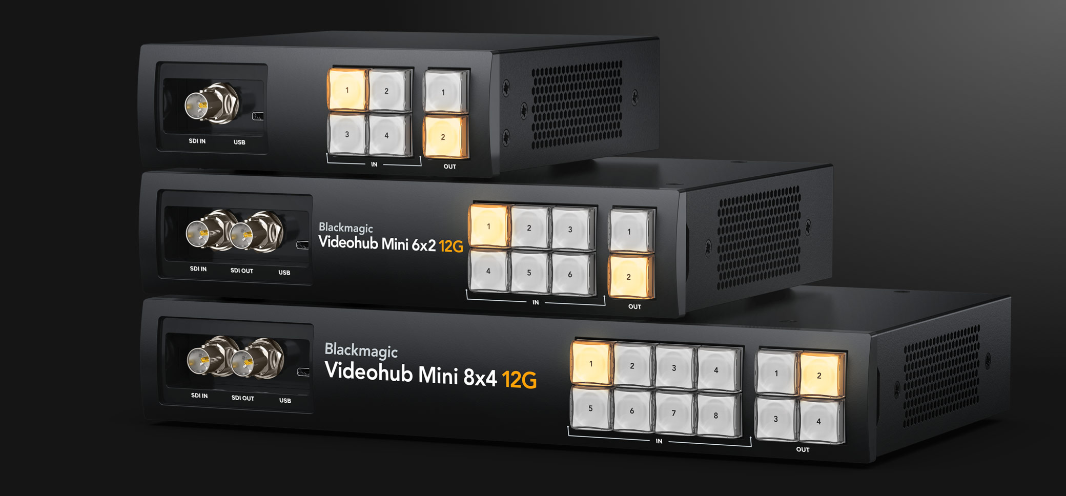 Familia Blackmagic Videohub Mini – modelos y controles frontales