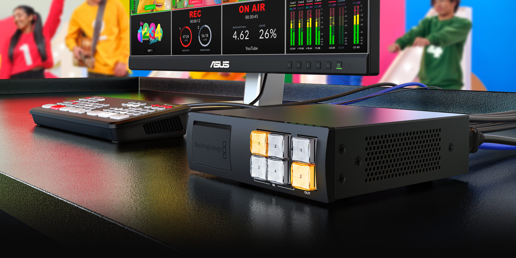 Familia Blackmagic Videohub Mini en una configuración de producción