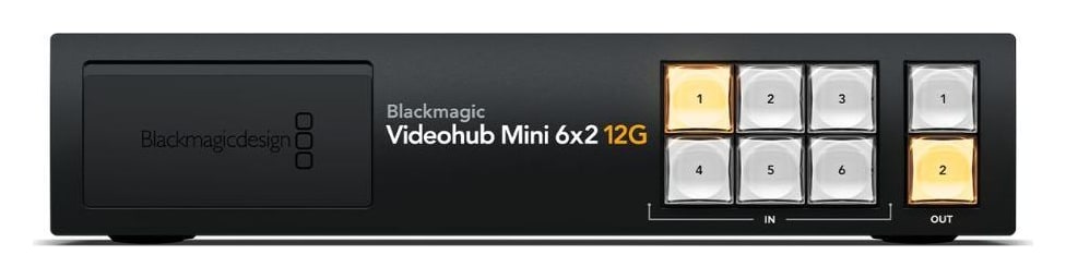 Blackmagic Videohub Mini 6x2 12G – Panel frontal para actuar rápido