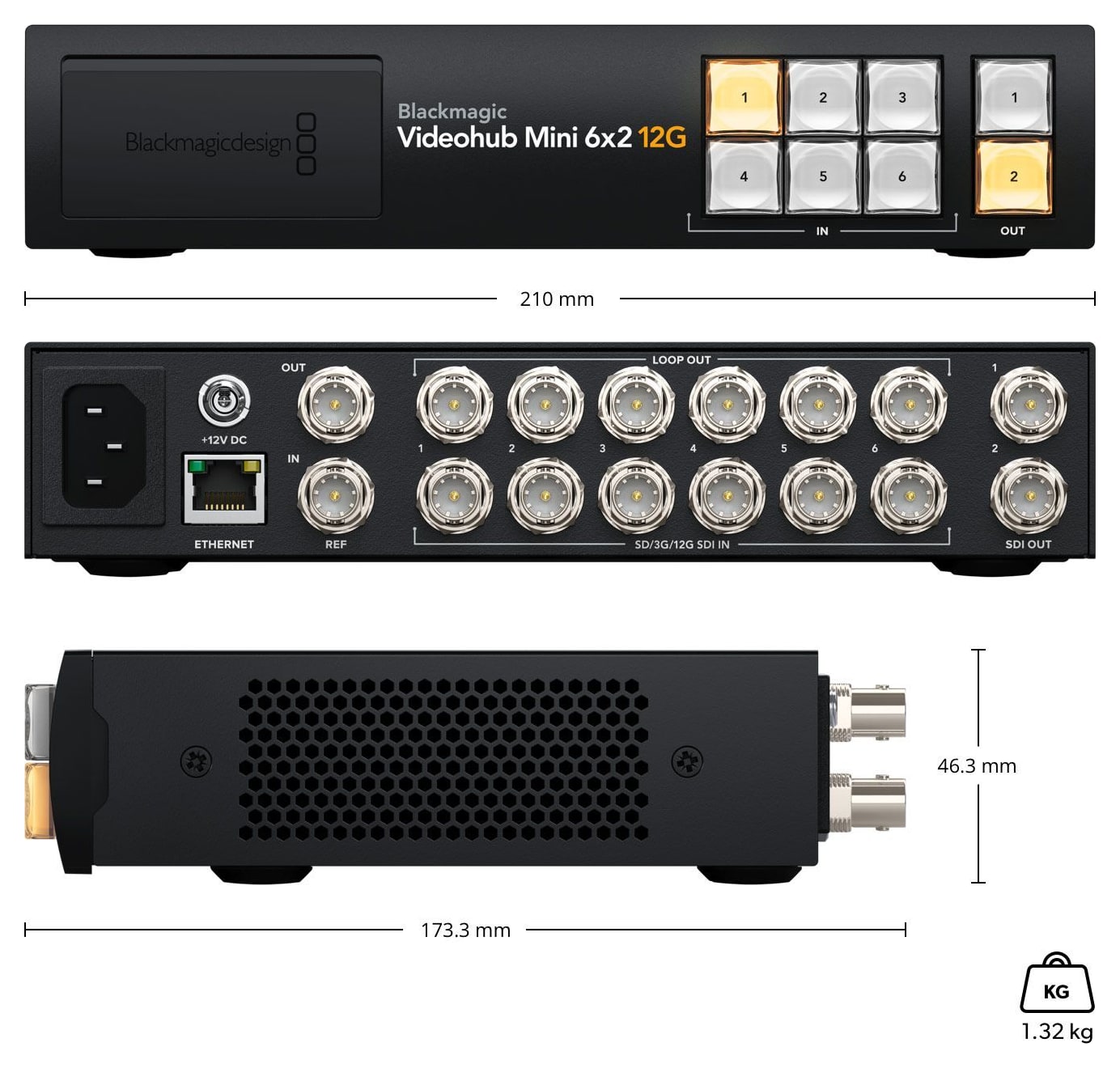 Blackmagic Videohub Mini 6x2 12G – Dimensiones y peso