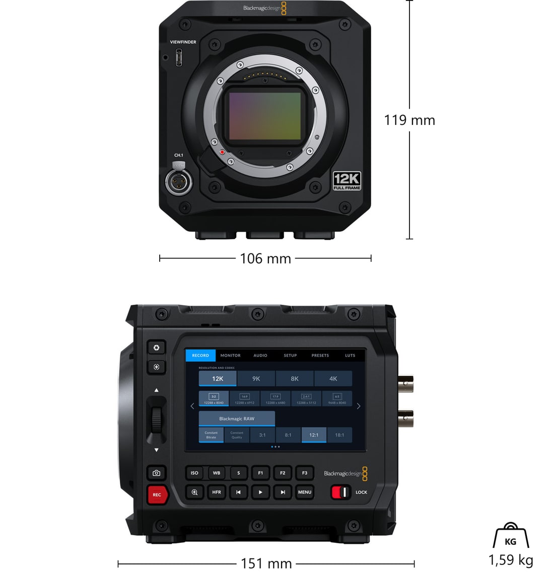 Blackmagic PYXIS 12K (L-Mount) – Dimensiones y peso