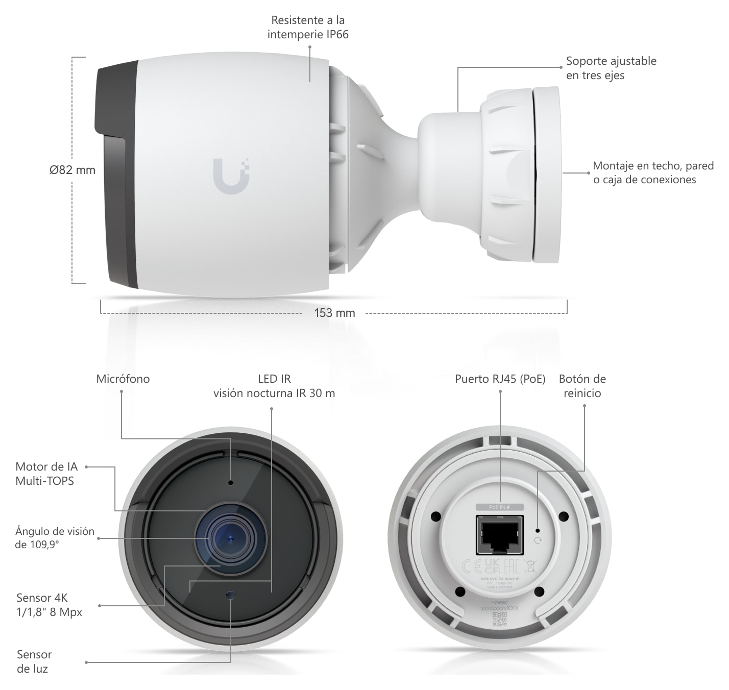 Ubiquiti UniFi Protect G6 Bullet, blanco – La cámara en detalle y dimensiones