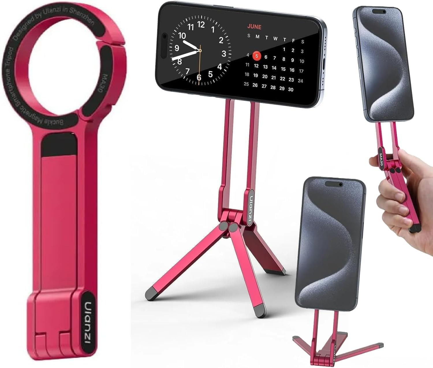 Trípode rojo para teléfono Ulanzi MA30 plegado, en mano y como soporte