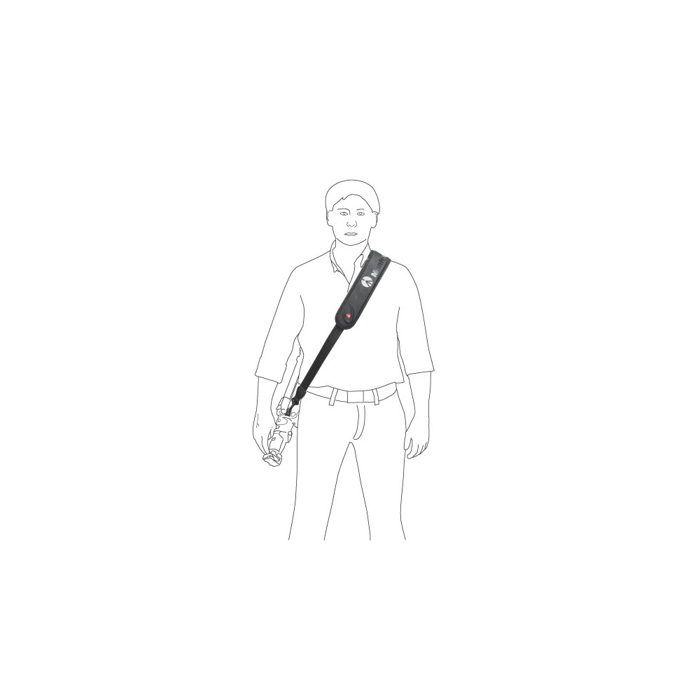 Ilustración del fabricante: colocación de la correa sobre el hombro
