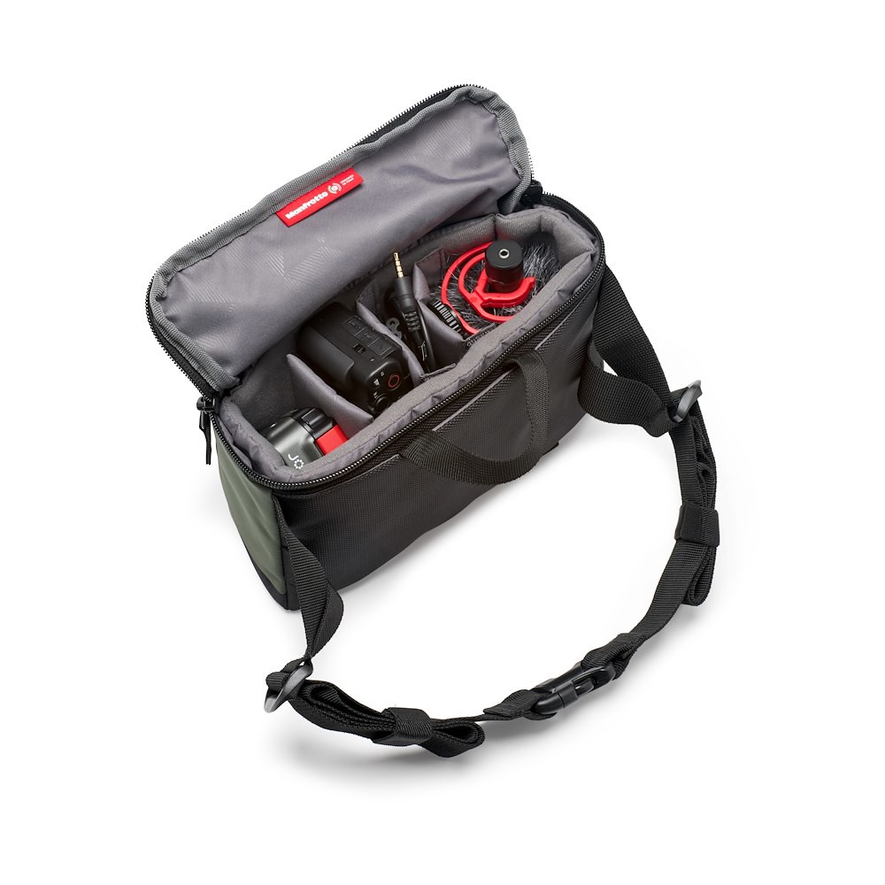 Manfrotto Street Waist Bag MB MS2-WB abierta con equipo fotográfico
