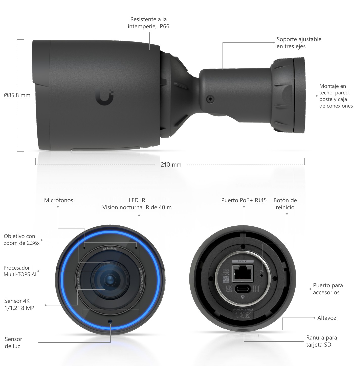 Ubiquiti UniFi Protect G6 Pro Bullet, negro – elementos de la cámara y dimensiones
