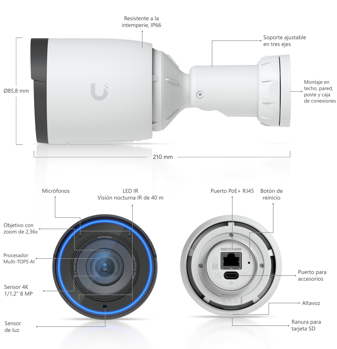 Ubiquiti UniFi Protect G6 Pro Bullet, blanco – elementos de la cámara y dimensiones