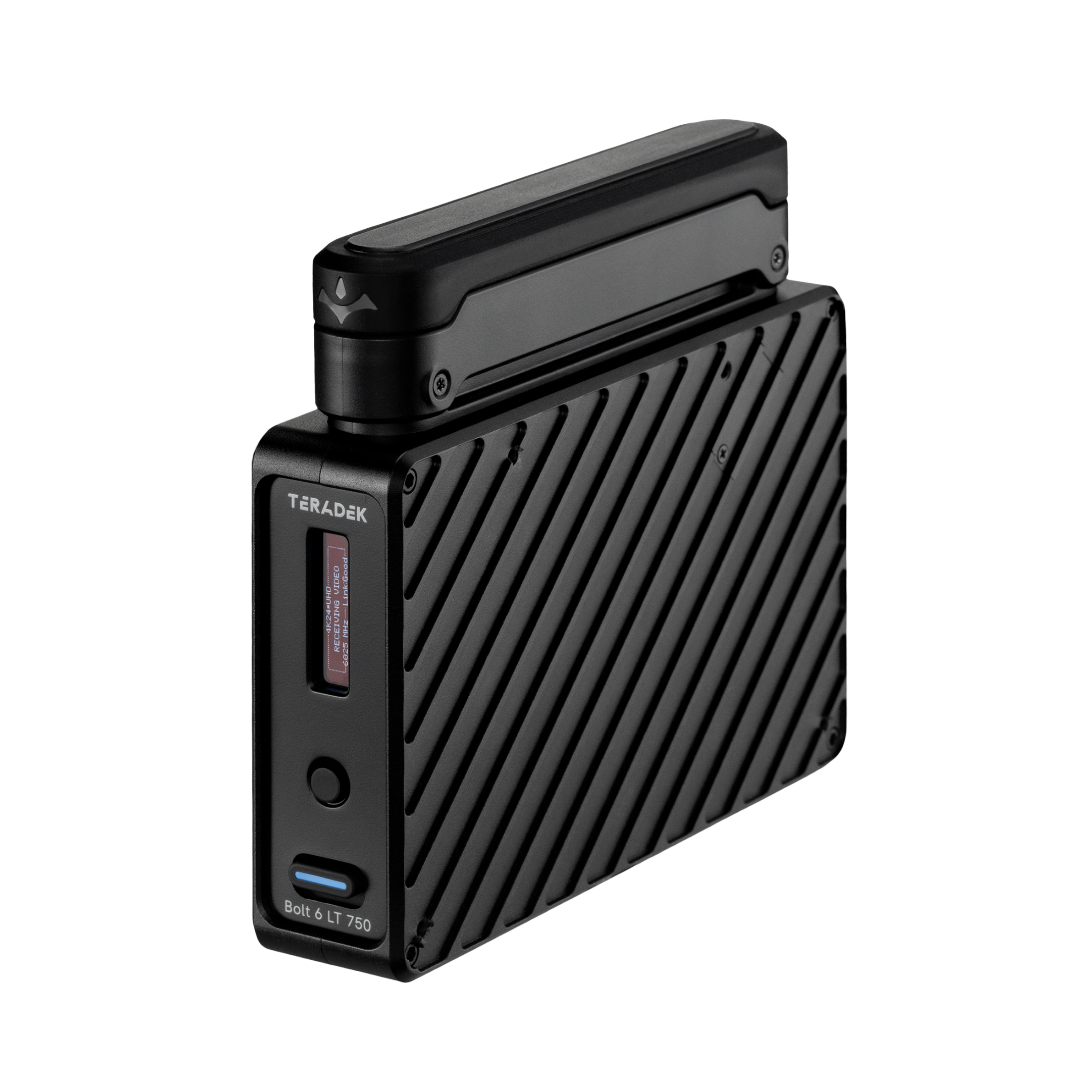 Vista oficial frontal en tres cuartos del Teradek Bolt 6 LT 750 RX con antenas internas
