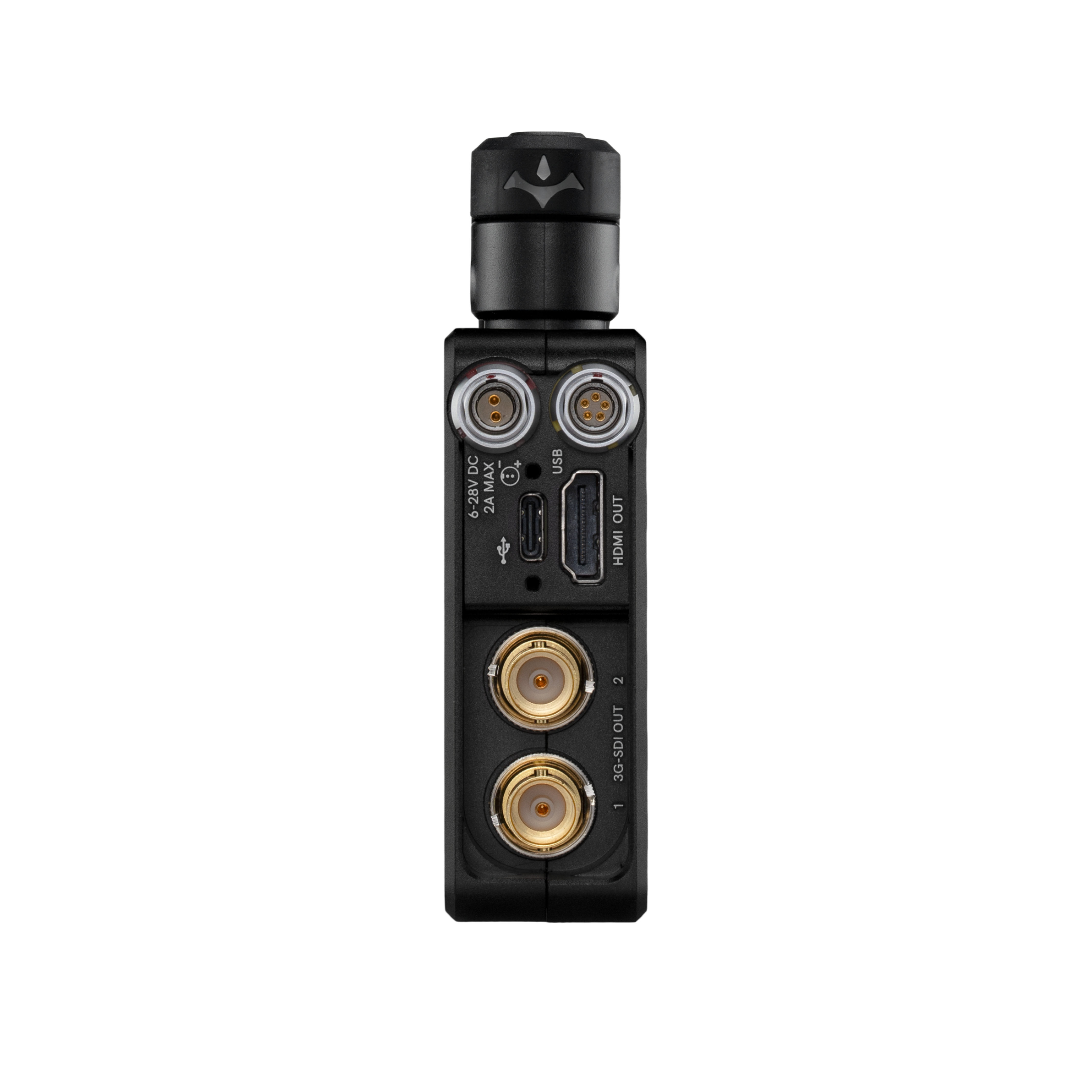 Panel lateral del Teradek Bolt 6 LT 750 RX: dos conectores 3G-SDI OUT, HDMI OUT, USB y alimentación de 6–28 V CC