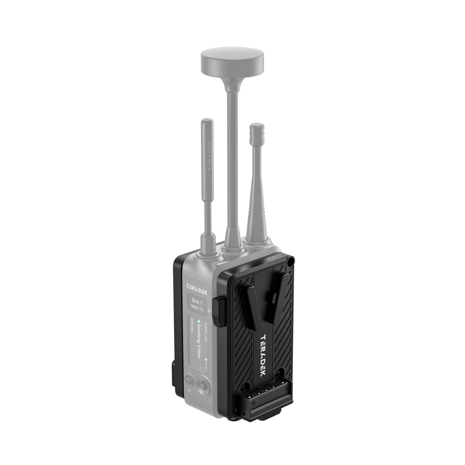V-Mount battery cradle instalado en un transmisor Teradek Bolt 7