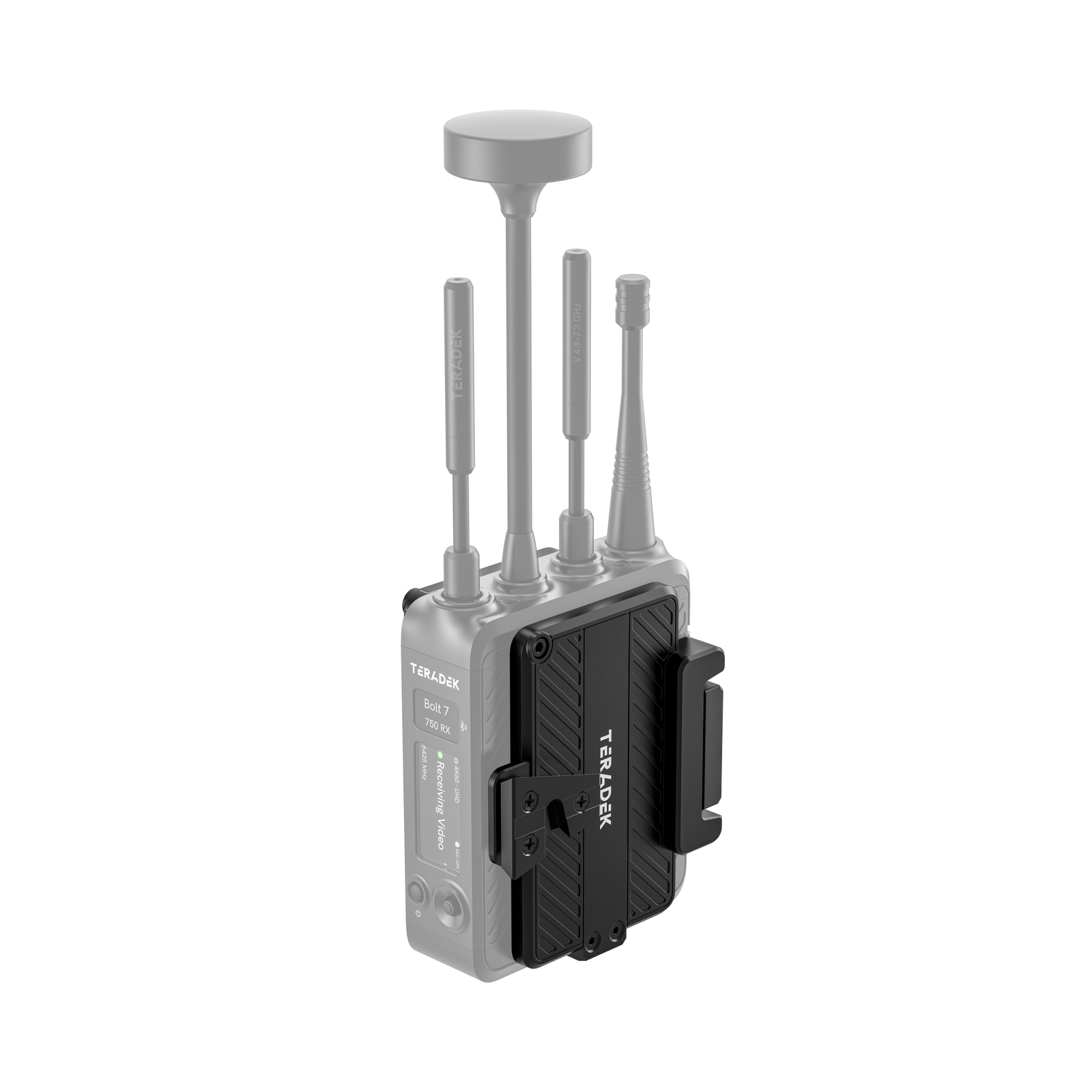 V-Mount battery cradle instalado en un receptor Teradek Bolt 7