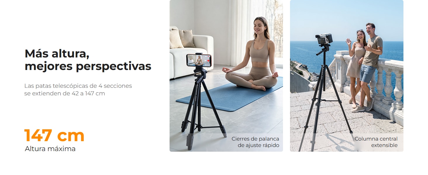 K&F Concept S204A1 – trípode de viaje de aluminio 147 cm con rótula de 3 vías