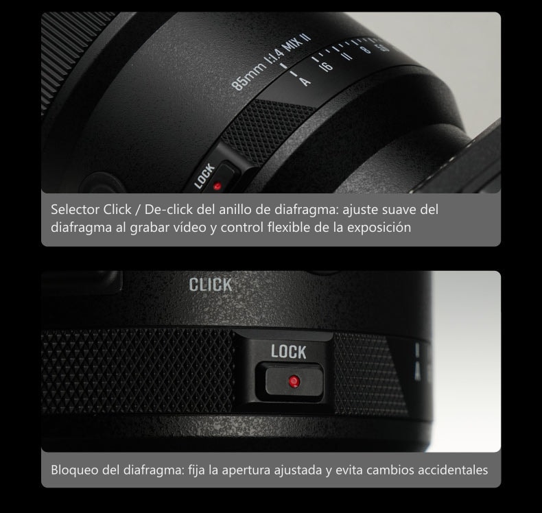 Meike 85mm F1.4 STM MIX II SL – Controles en el cuerpo del objetivo