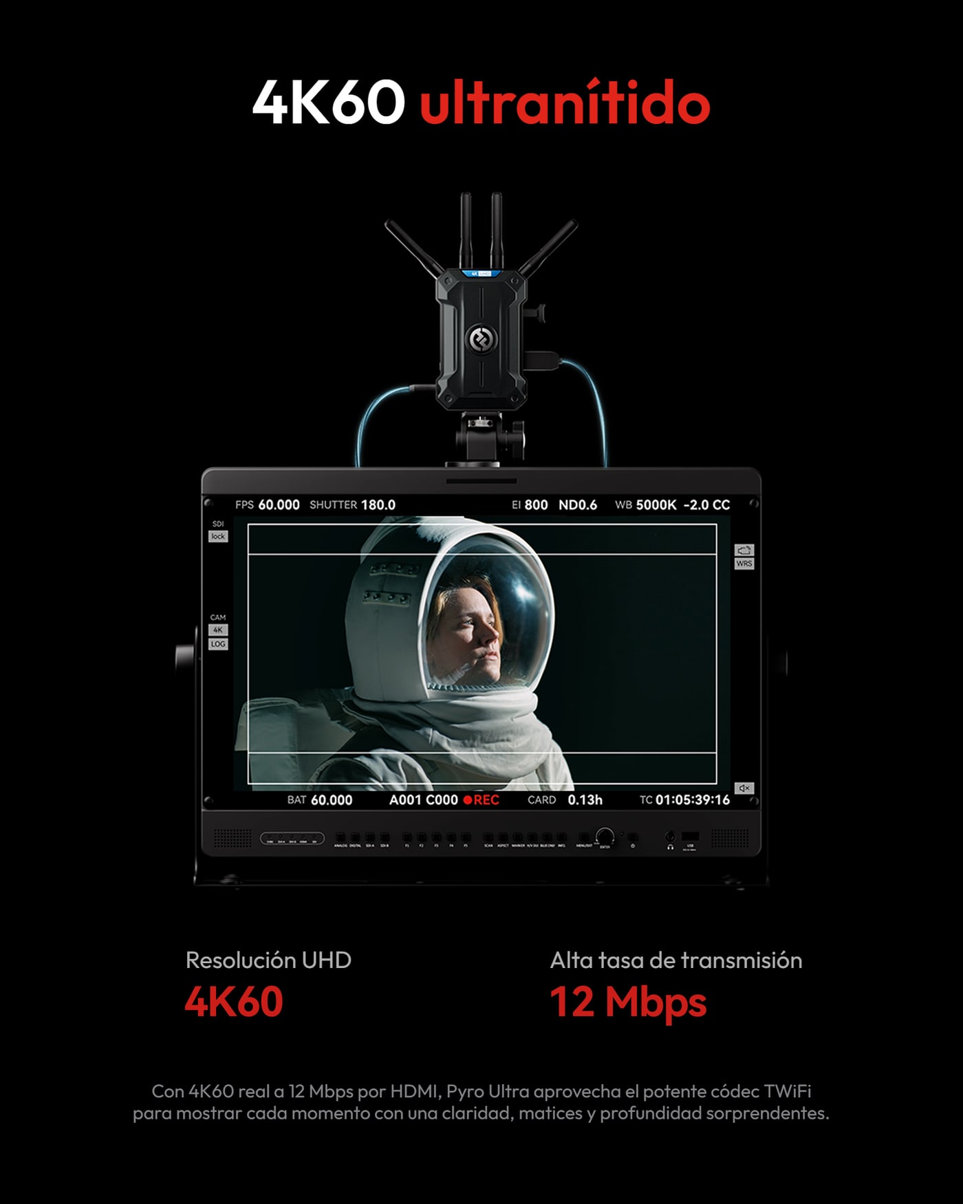 Hollyland Pyro Ultra RX – 4K60 real a 12 Mbps