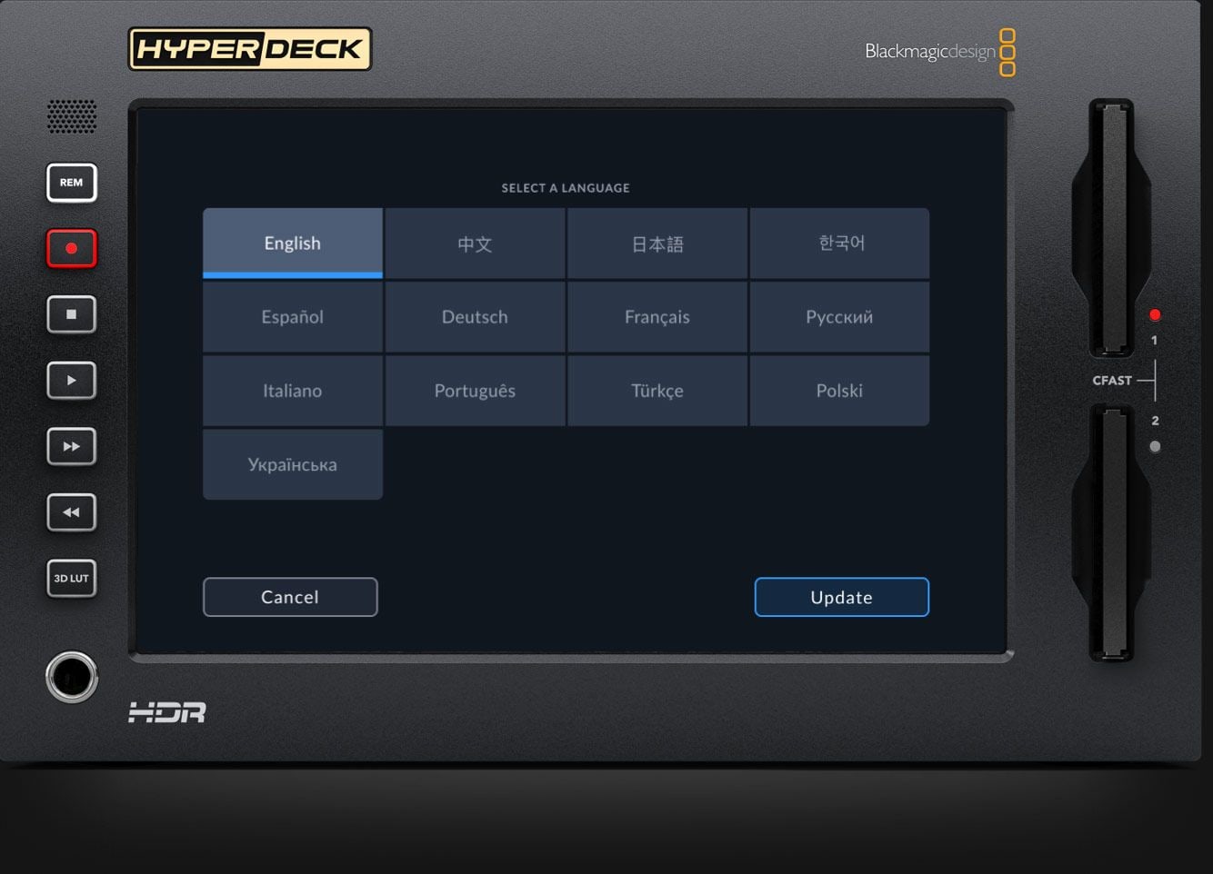 HyperDeck Extreme 8K HDR – Menús en 13 idiomas