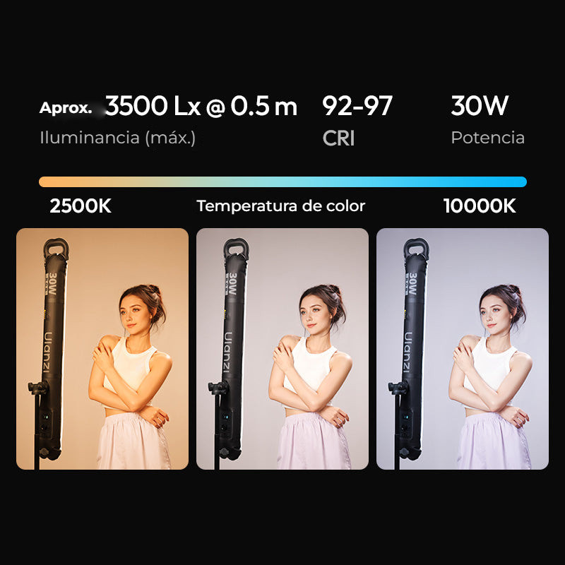 Ulanzi LA30 nafukovací RGB trubicové světlo – 30 W, 2500–10 000 K a CRI 92–97