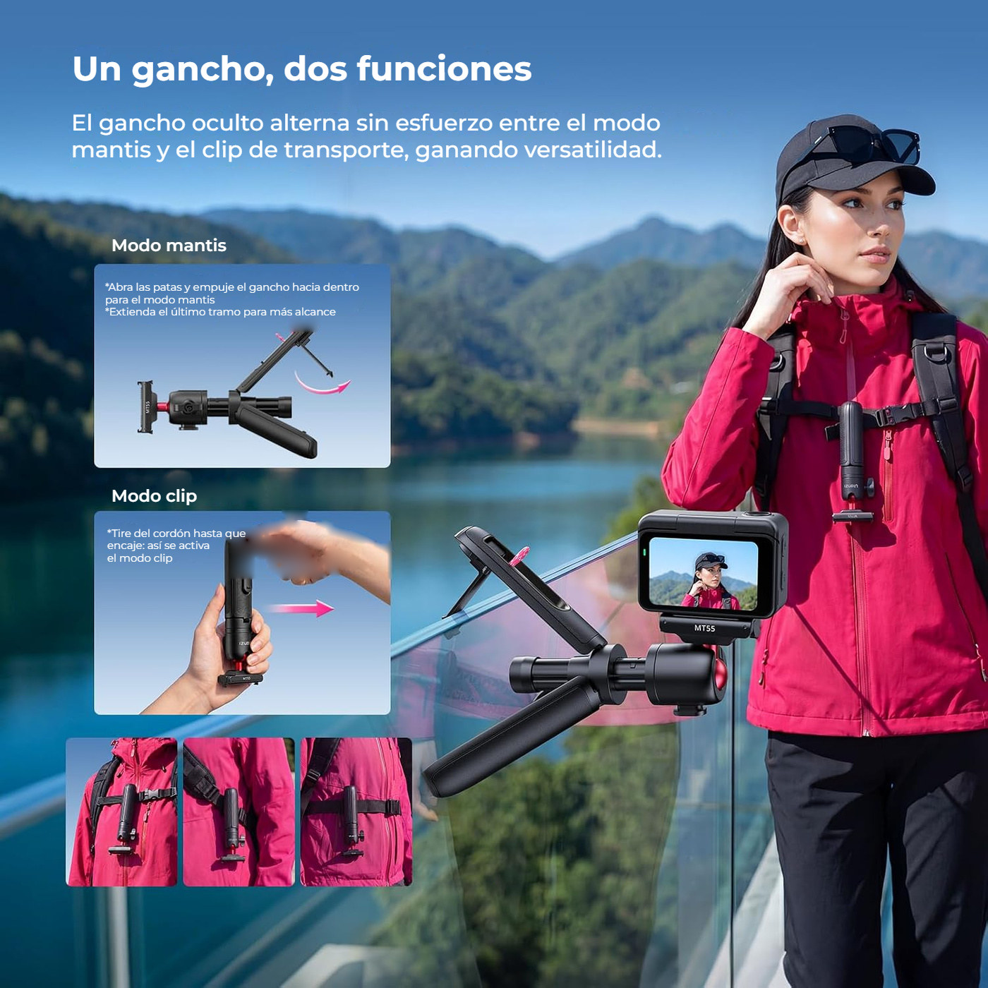 Ulanzi MT55 SnapGo ministativ a selfie tyč s uchycením 1/4″ – Režim Mantis a klip na nošení