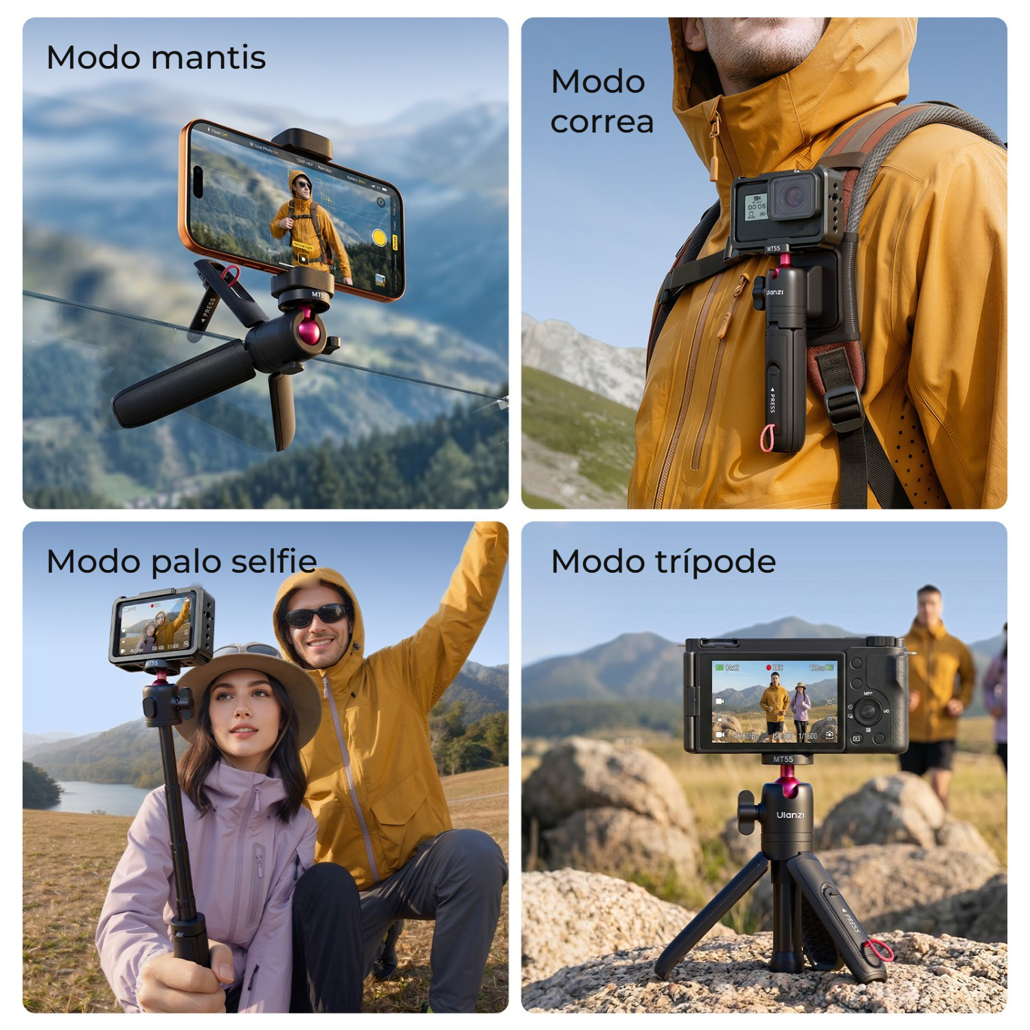 Ulanzi MT55 SnapGo ministativ a selfie tyč s uchycením 1/4″ – Čtyři způsoby natáčení