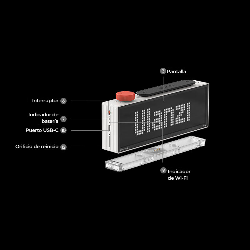 Ulanzi TC002 Pixbar Smart Pixel Clock II – Porty a ovládací prvky
