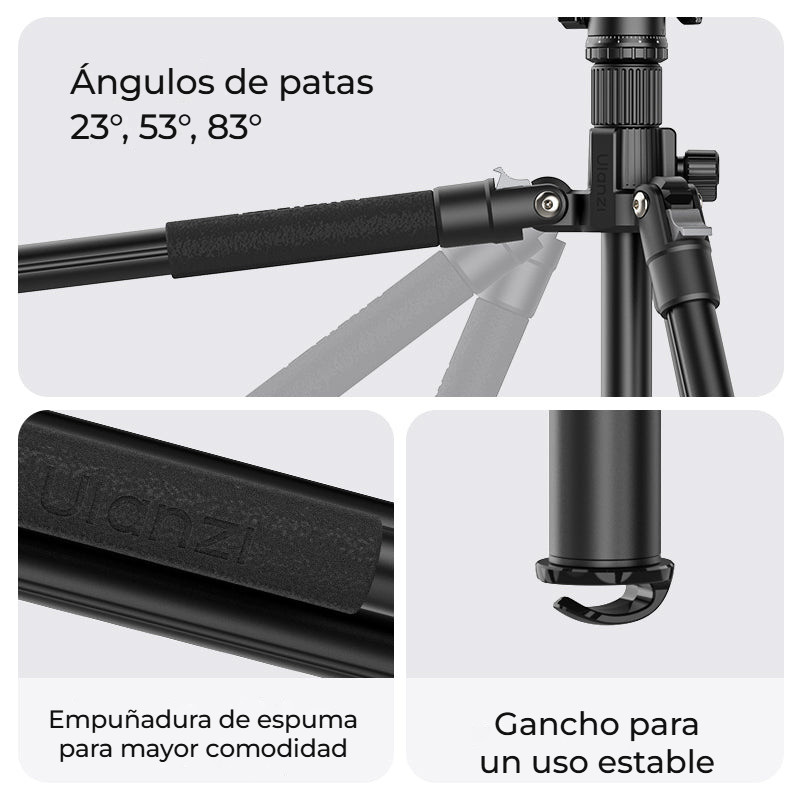 Ulanzi 1.8m Lightweight Mirrorless Tripod – Tři úhly nohou, pěnová rukojeť a hák