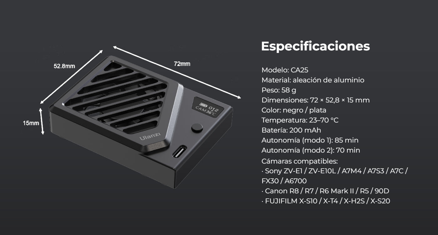 Ulanzi Camera Cooling Fan V3 stříbrný – Rozměry a kompatibilita
