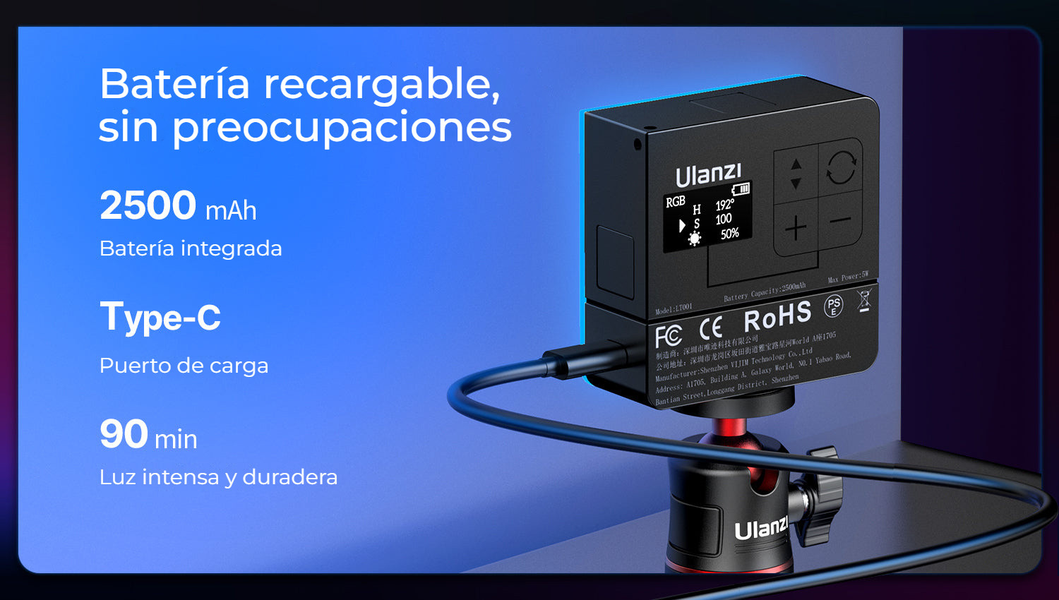 Ulanzi VL49 Pro RGB – Baterie 2500 mAh a USB-C