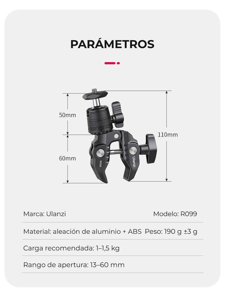 Ulanzi R099 svorka s mini kulovou hlavou – Parametry