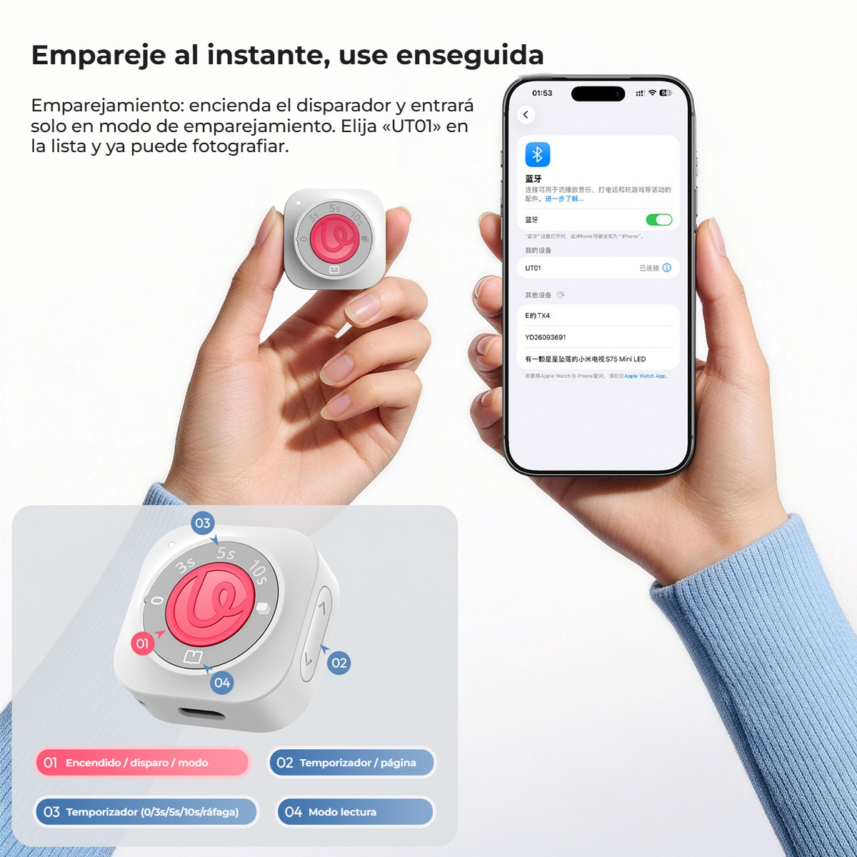 Ulanzi UT01 bluetooth dálková spoušť a scroller, bílá – Spárování bez aplikace